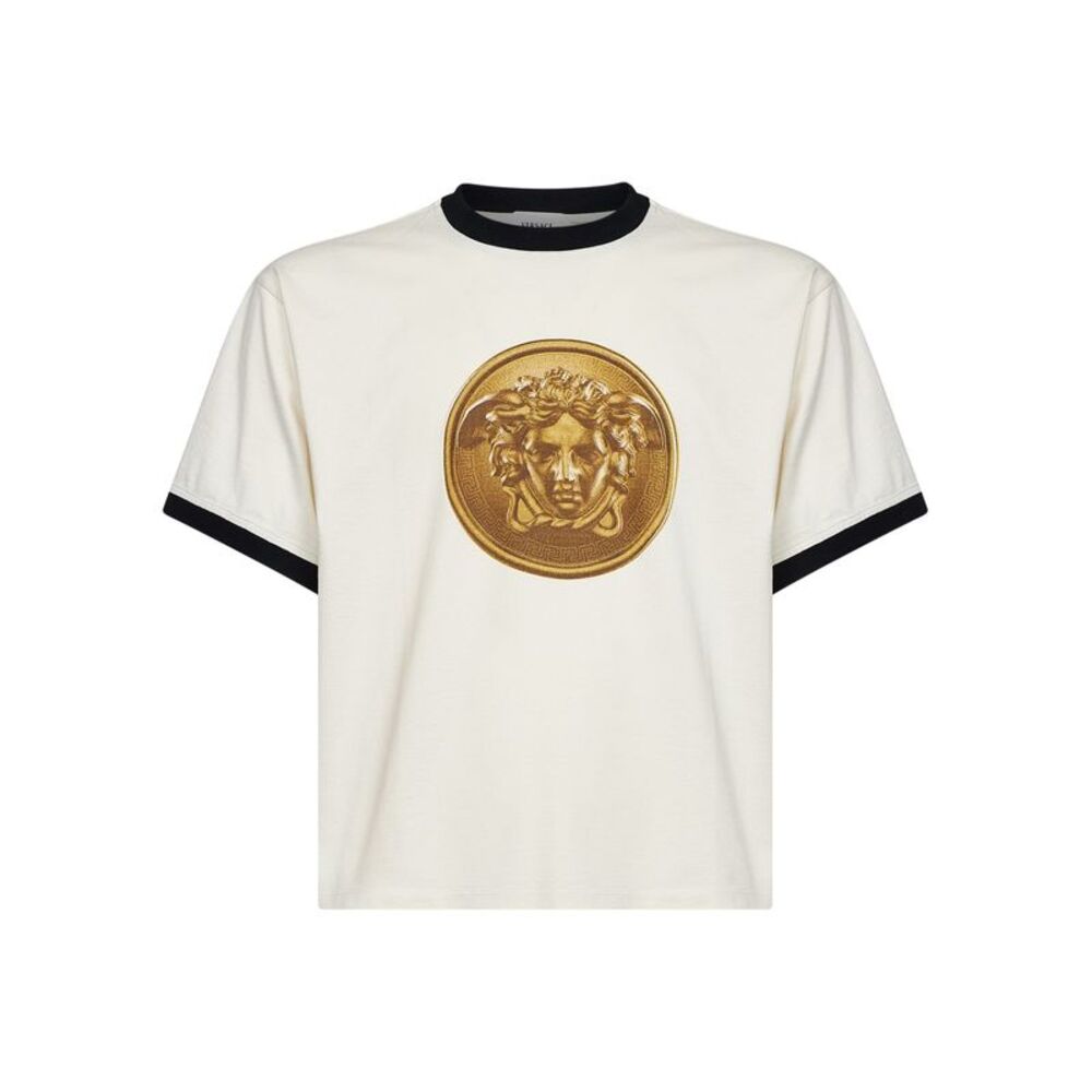 Versace Men Dirty White Cotton Jersey Printed T-Shirt